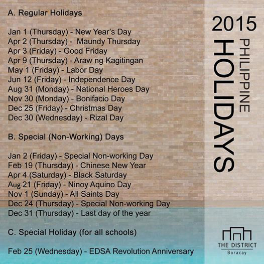 List of official holidays for 2015